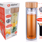 ALPINA Tároló boroszilikát üveg 450ml; Đ7 x23cm bambusz tetővel; teaszűrővel, hordozható, szigetelő tokkal  thumbnail 1