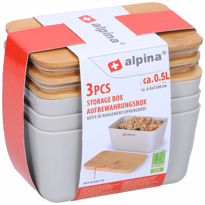 ALPINA Tárolódoboz 3 darab, 0,5L 6,6x13x8cm, műanyag, bambusz tetővel - Image 1 of 2