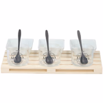 ALPINA Előétel kínáló 30x15x2cm 3 üveg tálka+3 porcelán tálka+3 kanál, fa tálcán  thumbnail 2