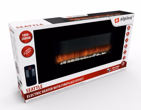 ALPINA Elektromos fali kandalló Seattle 105,5cm 2000W távirányítós hőfokszabályzó időkapcsoló 30LED 94x12x48cm C - Image 1 of 7