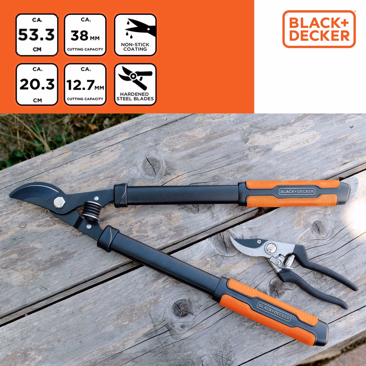 BLACK+DECKER vágó szett - Ágvágó (mellévágó 53cm, max 38mm) + metszőolló (23cm, max 12,7mm) - Image 1 of 6