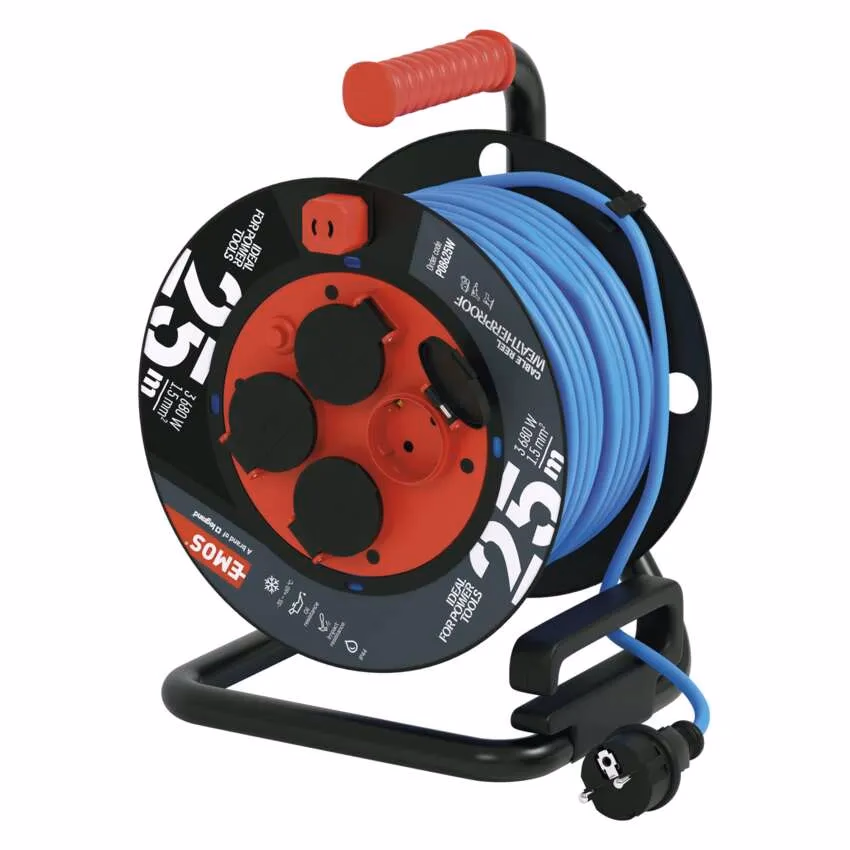 EMOS Időjárásálló kábeldob 25 m / 4 aljzat / kék / szilikon / 230 V / 1,5 mm2 / IP44 - Image 1 of 4