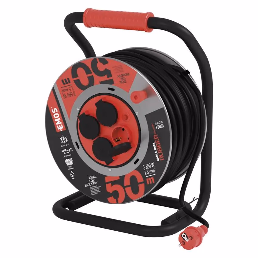 EMOS kültéri fém kábeldob IP44, 4 aljzat 50m 1,5 mm², gumi-neoprén, 230V, fekete - Image 1 of 5