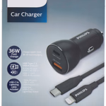 PHILIPS Autós USB töltő C-Lightning kábellel 36W DLP2521L/04 TypeA - TypeC aljzatok