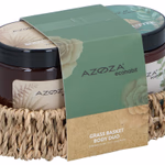 Bőrápoló szett (250g narancsvirág illatú testradír + 250ml jázmin&levendula testvaj) fonott kosárban