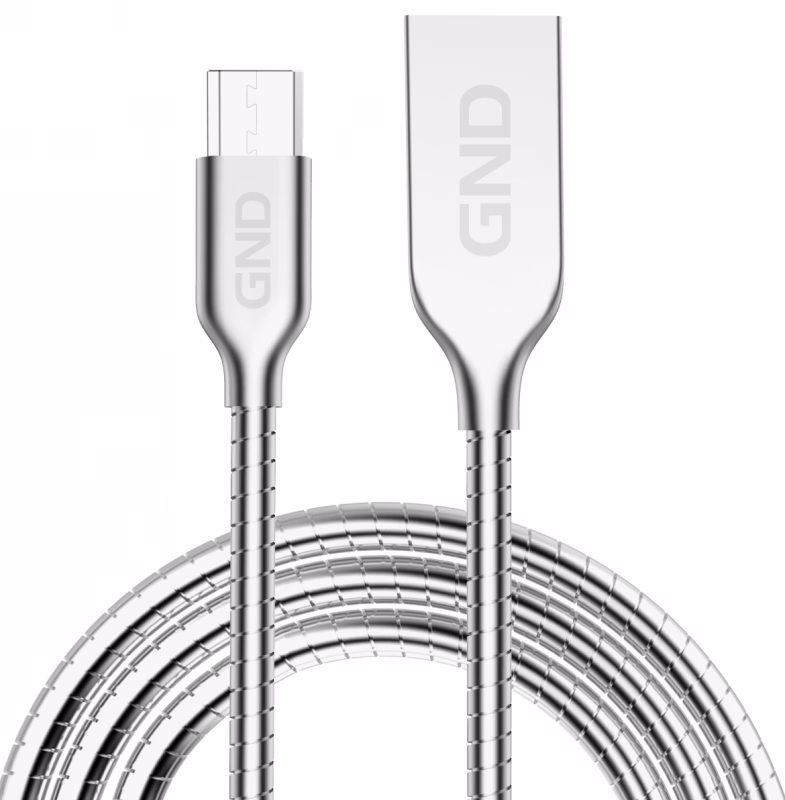 GND MicroUSB / USB-A 2.0 Töltő és adatkábel, acélspirál borítás, ezüst szín, 1m - Image 1 of 3
