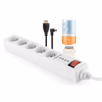 Hosszabbító elosztó kapcsolóval, túlfeszültség védelemmel, 5 aljzat 1,5m, + tisztítókészlet, 4K HDMI, COAX kabel thumbnail 1