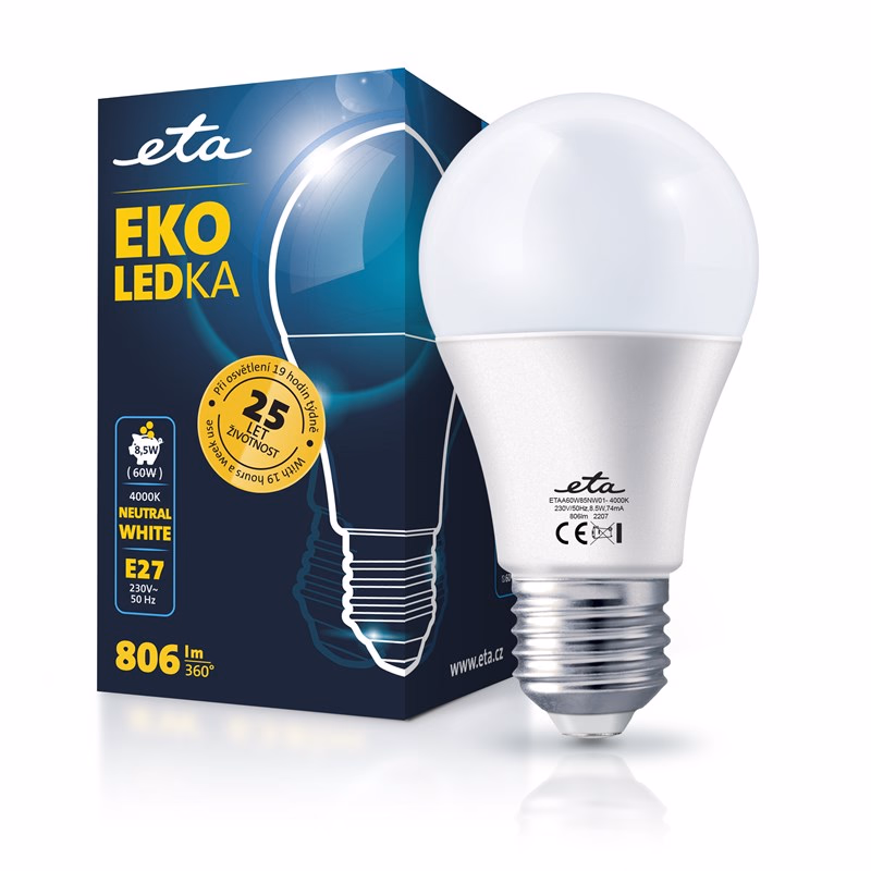 ETA ECO LED izzó Classic A60/körte forma, E27, 8,5 W (60 W), 806 lm, természetes fehér - Image 1 of 1