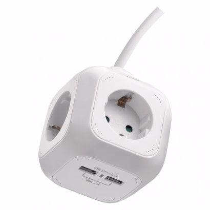 EMOS Hosszabbító/elosztó (kocka) 1,9 m / 4 aljzat / fehér / PVC / USB / 1,5 mm2 - Image 1 of 7