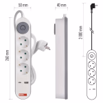 EMOS hosszabbító 2 m / 3 aljzat / kapcsolós / fehér / 1× USB-A + 1× USB-C  / 1,5 mm2 thumbnail 3