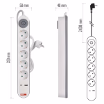 EMOS hosszabbító 3 m / 5 aljzat / kapcsolós / fehér / 1× USB-A + 1× USB-C  / 1,5 mm2 thumbnail 4