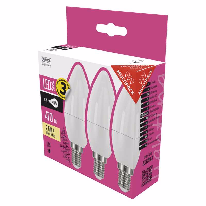 EMOS LED izzó Classic gyertya / E14 / 5 W (40 W) / 470 lm / meleg fehér. 3db/doboz - Image 1 of 4