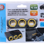 ALL RIDE Szivargyújtó elosztó 3-as USB A + USB C 12/24V 10,5x8,6x3,9cm 20W 
